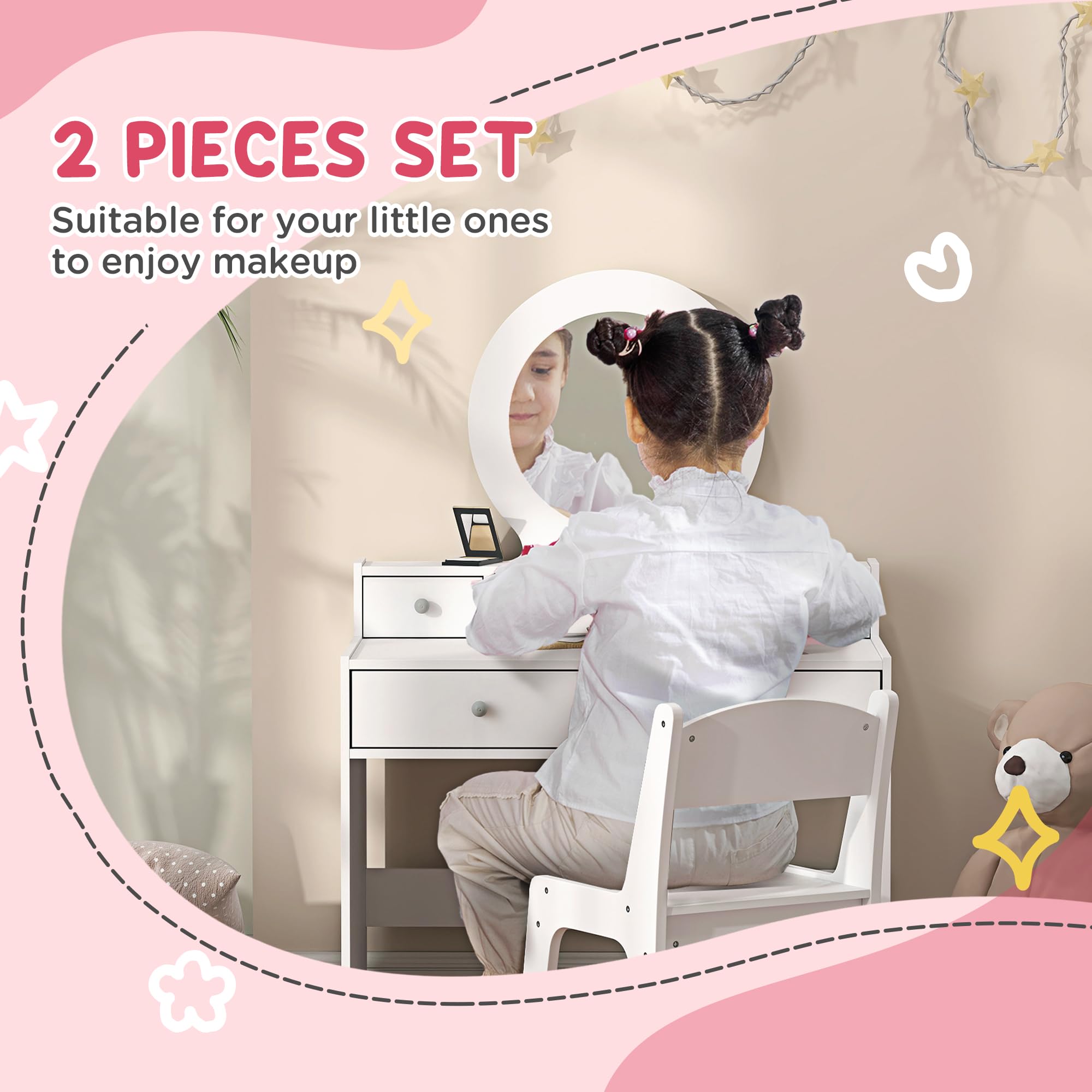 AIYAPLAY Tocador Infantil con Espejo y Taburete, Tocador Infantil Set de Maquillaje con Cajones de Almacenaje Regalo para Niños de 3 a 8 Años - Blanco