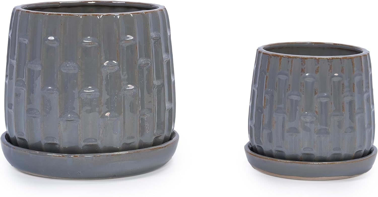 Decorative Ceramic Planter Set of 2, 6" & 8" Diameter, Modern Flower Pots for Indoor Plants, w/Drainage and Saucer, Ceramic Pots for Garden & Home Decor, Gray