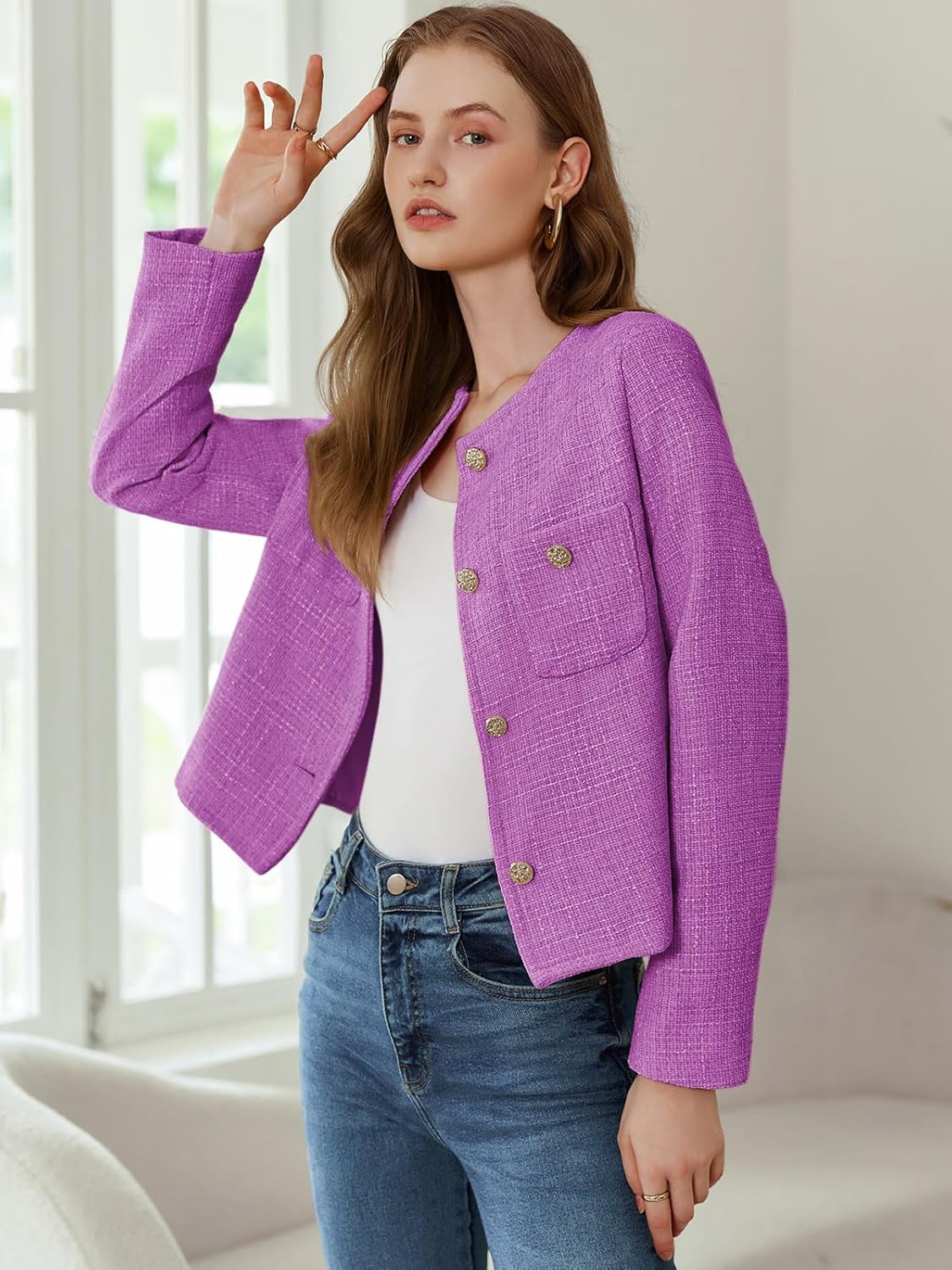 Women's Tweed Blazers Long Sleeve Business Button Down Casual Cropped Blazer Jackets with Pockets - Image 3