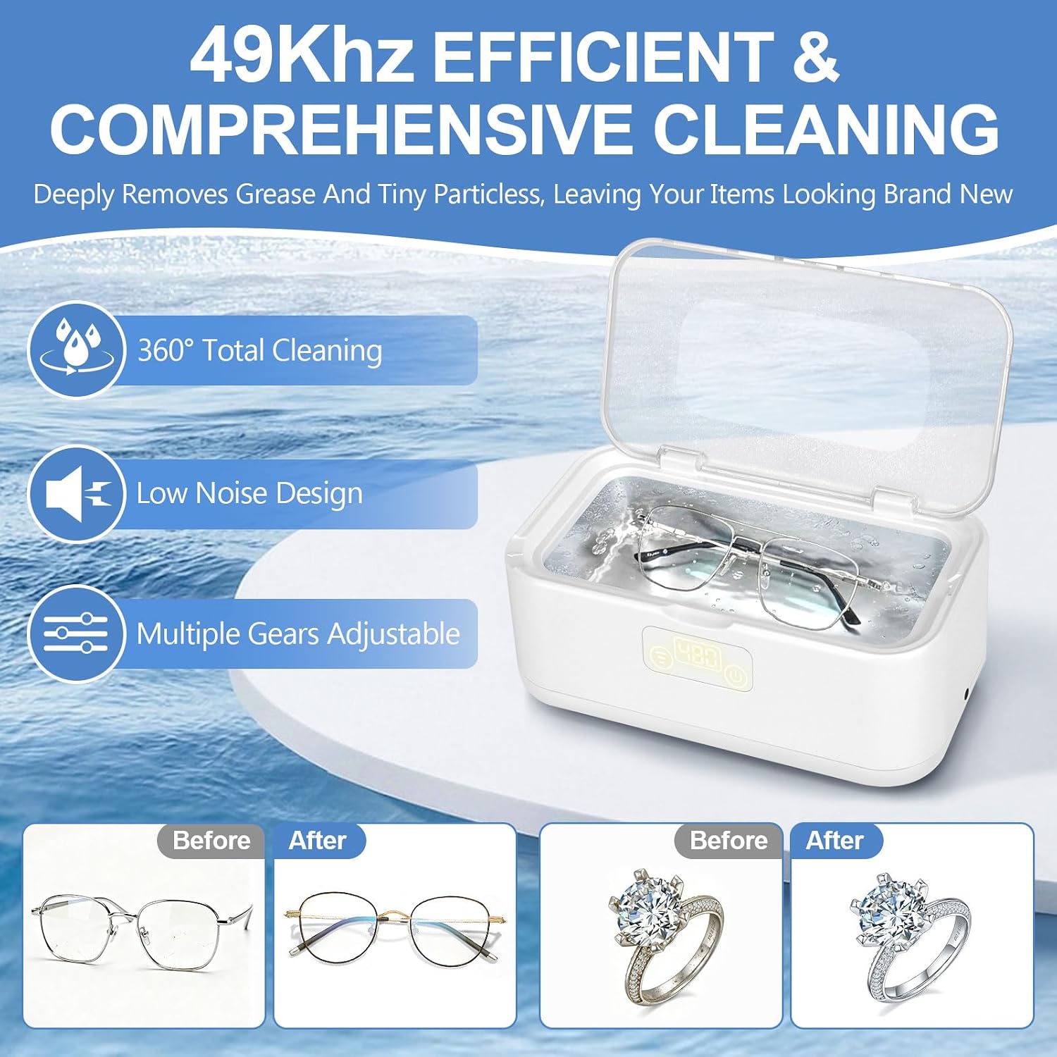 Ultrasonic Jewelry Cleaner, 49KHz Ultrasonic Cleaner Machine for Jewelry | Cleaner Machine for Glasses,Rings,Watch Strap,Dentures,Retainers,Coins with 5 Modes,27oz 304 Stainless Steel Tank (White)