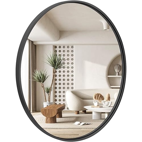 24'' Round Mirror,Large Circle Wall Mirror Decor for Vanity Washroom Bathroom Entryway Living Room,with Metal Frame,Black