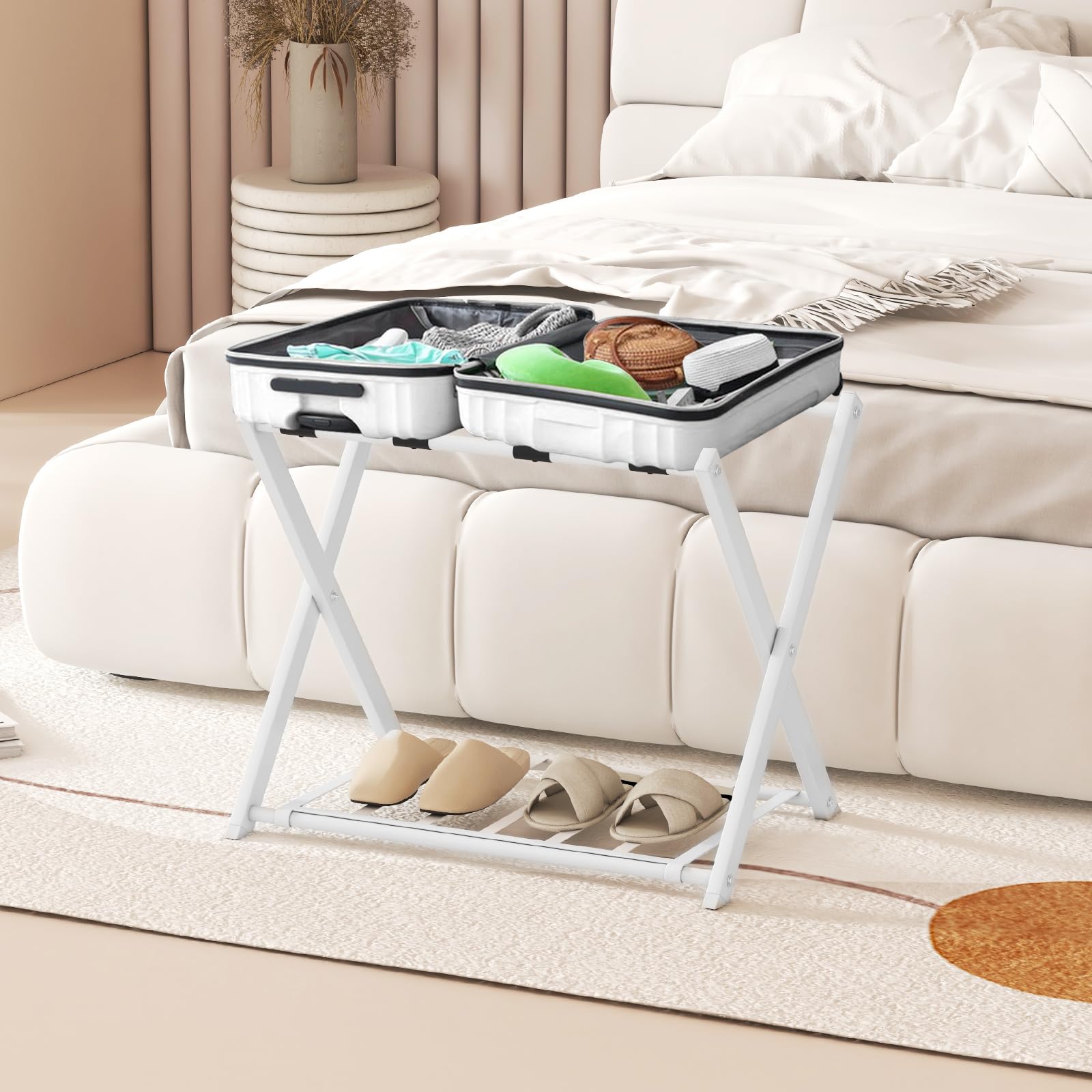 COSTWAY Portavaligie Pieghevole a 2 Ripiani, Cavalletto da Valigie in Metallo 68x43x56 cm Bianco