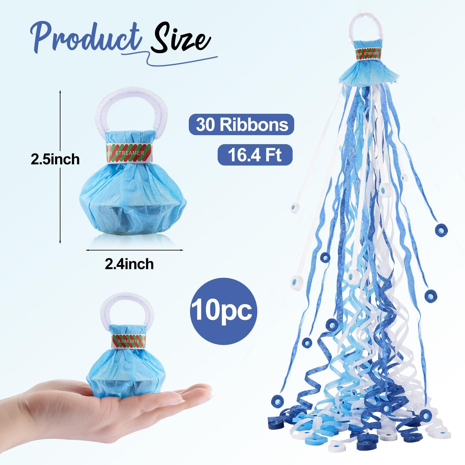 BATTIFE Gender Reveal Streamer Poppers, Blue Hand-Throw Confetti, 10 Pack