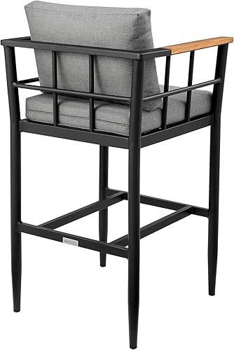 Miniatura 5 de Armen Living Wiglaf - Taburete de bar moderno para patio al aire libre en metal de aluminio y madera de teca con cojines grises, altura del asiento