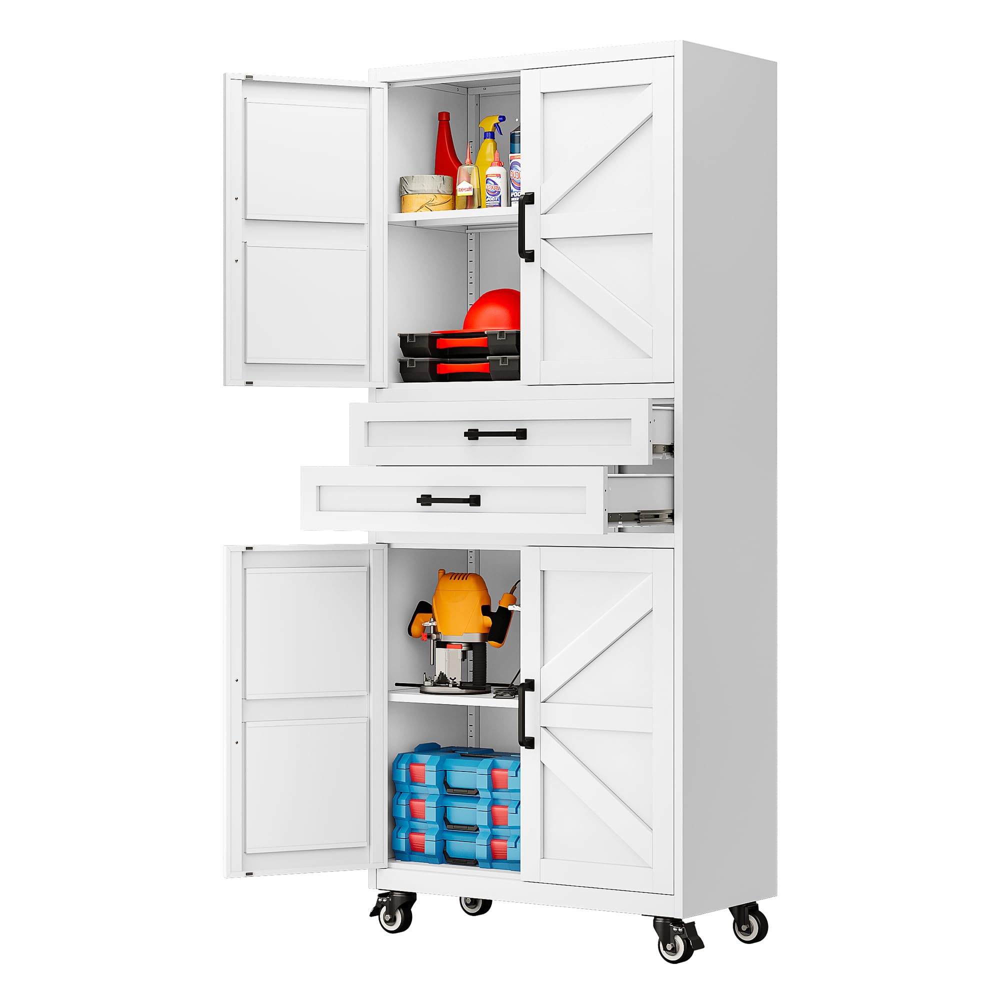 SISESOL White Metal Storage Cabinet with Wheels and Drawers,Rolling Garage Storage Cabinet with Doors and Adjustable Shelves,73" Mobile Tall Large Metal Tool Cabinets for Home,Office,Garage