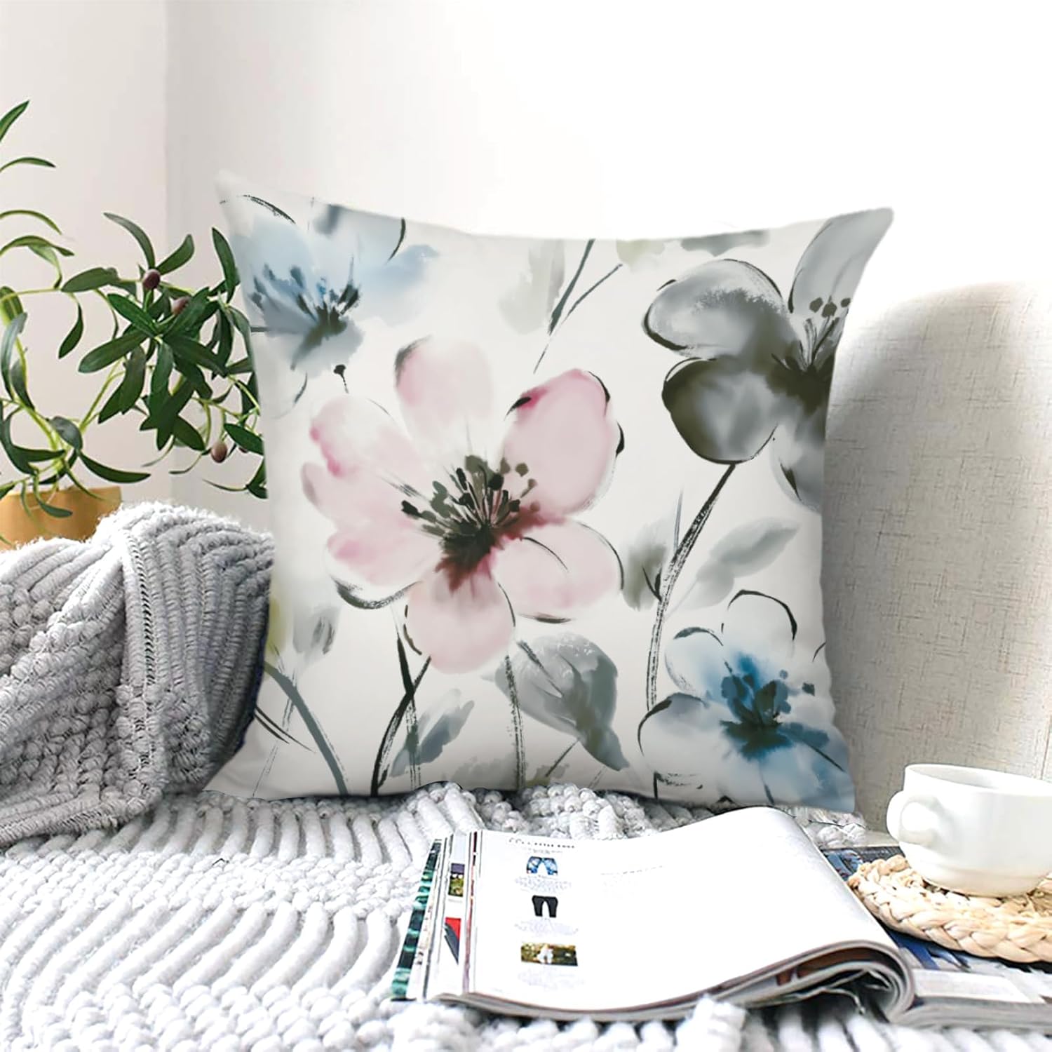 Watercolor Flower Throw Pillow Covers 18x18 Inch Set of 4 Rustic Abstract Modern Floral Cushion Covers Home Decor for Sofa Couch Bed Cushion Cases - Image 5