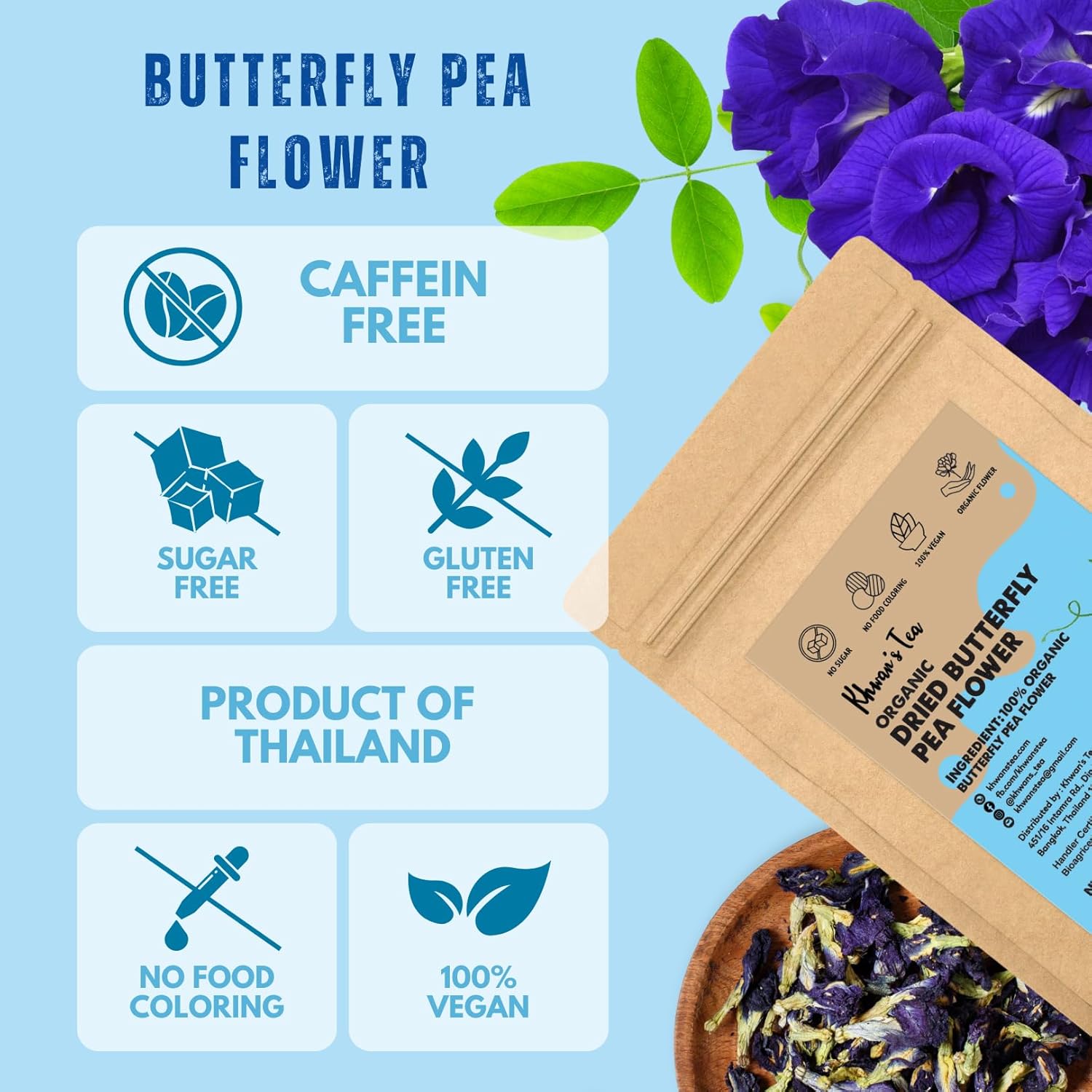 KHWAN'S TEA Organic Dried Butterfly Pea Flowers Blue Tea Clitoria Ternatea Flower Herbal Tea, Caffeine Free, Vegan Plant Based, 3.53 oz (100g)