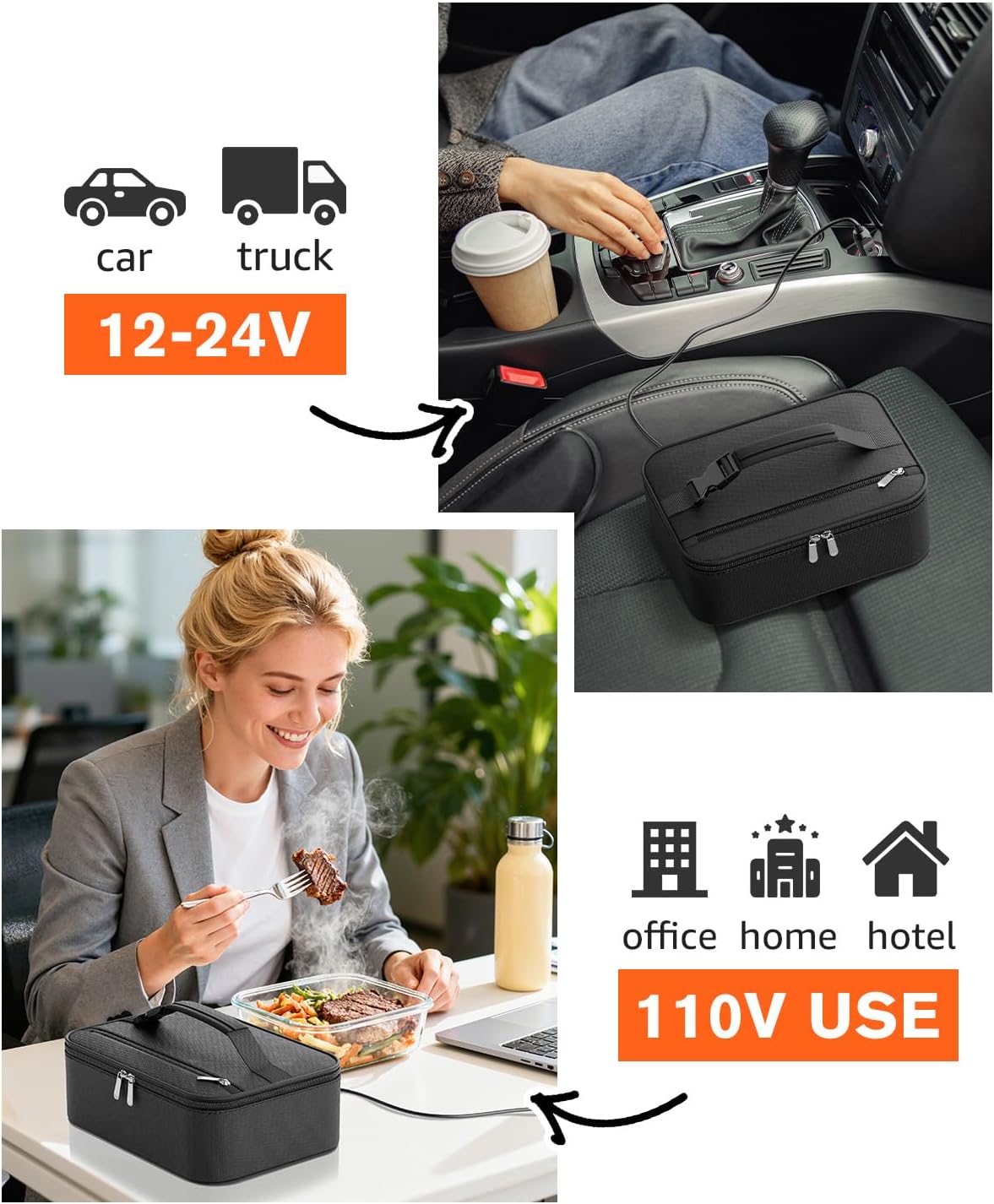 Portable Food Warmer - Heated Lunch Box for Adluts - Electric Thermal Lunch Bag with Buckle Handle, Heating Food Warmer Bags for 12V/24V Car & Truck, 110V/220V Home/Office, Black