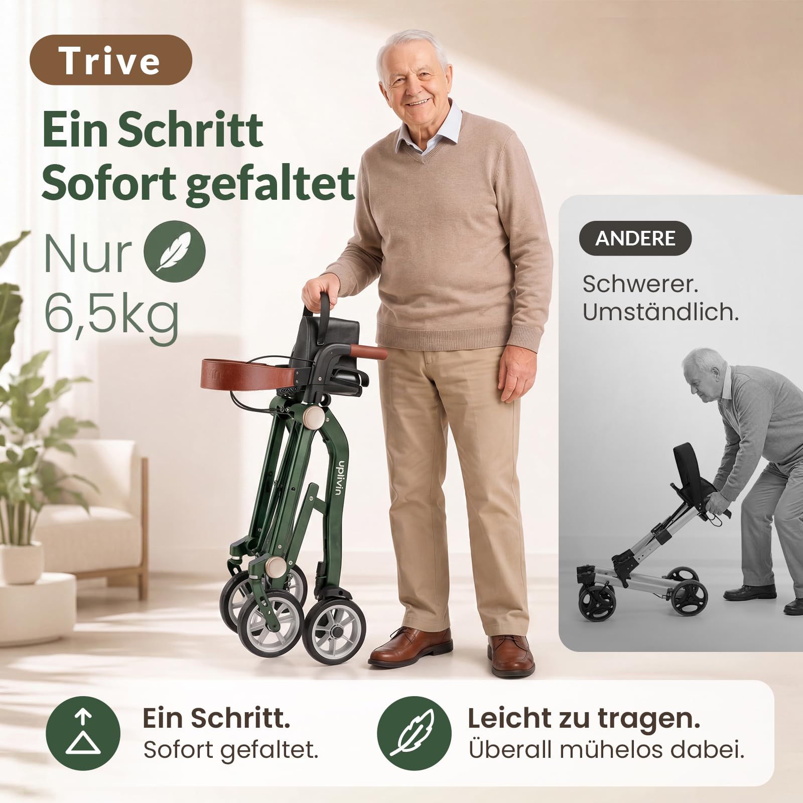 Rollator Faltbar und Leicht mit Sit,1-Schritt Klapp ohne Bücken,Höhenverstellbar, Leicht & Rollator schmal für Wohnung und Outdoor,Gehwagen mit Bremse, All-Terrain Räder