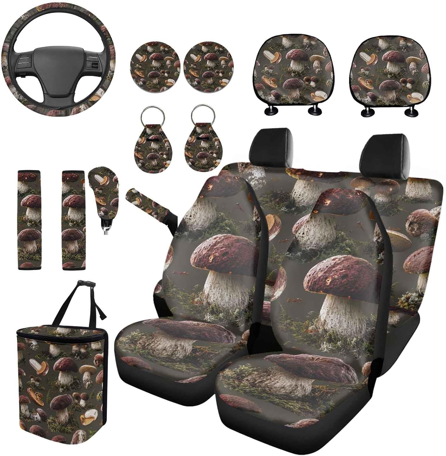 15pcs Mushroom Ant Car Accessories Front & Rear Seat Steering Wheel Cover, Shoulder Pads, Headrest Covers, Armrest Cover, Cup Mats & Keychain for Cars, SUVs & Trucks