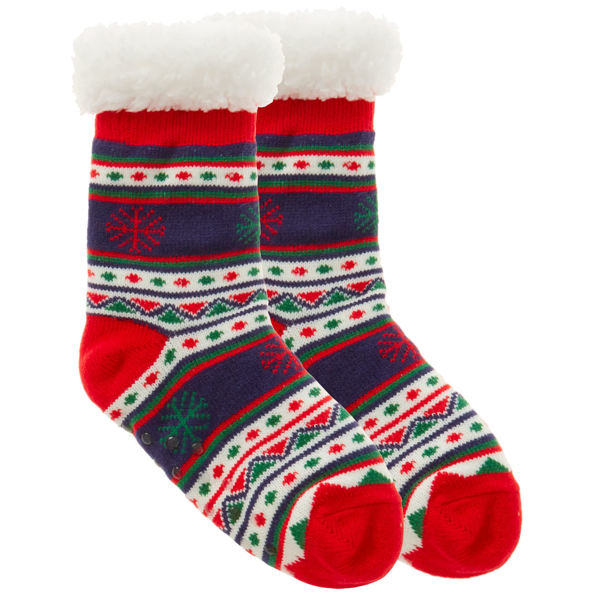Metzuyan Kids Girls Boys Unisex Novelty Christmas Fair Isle Pattern Sherpa Lined Bed Socks with Grips Non Skid Red 12.5-3.5