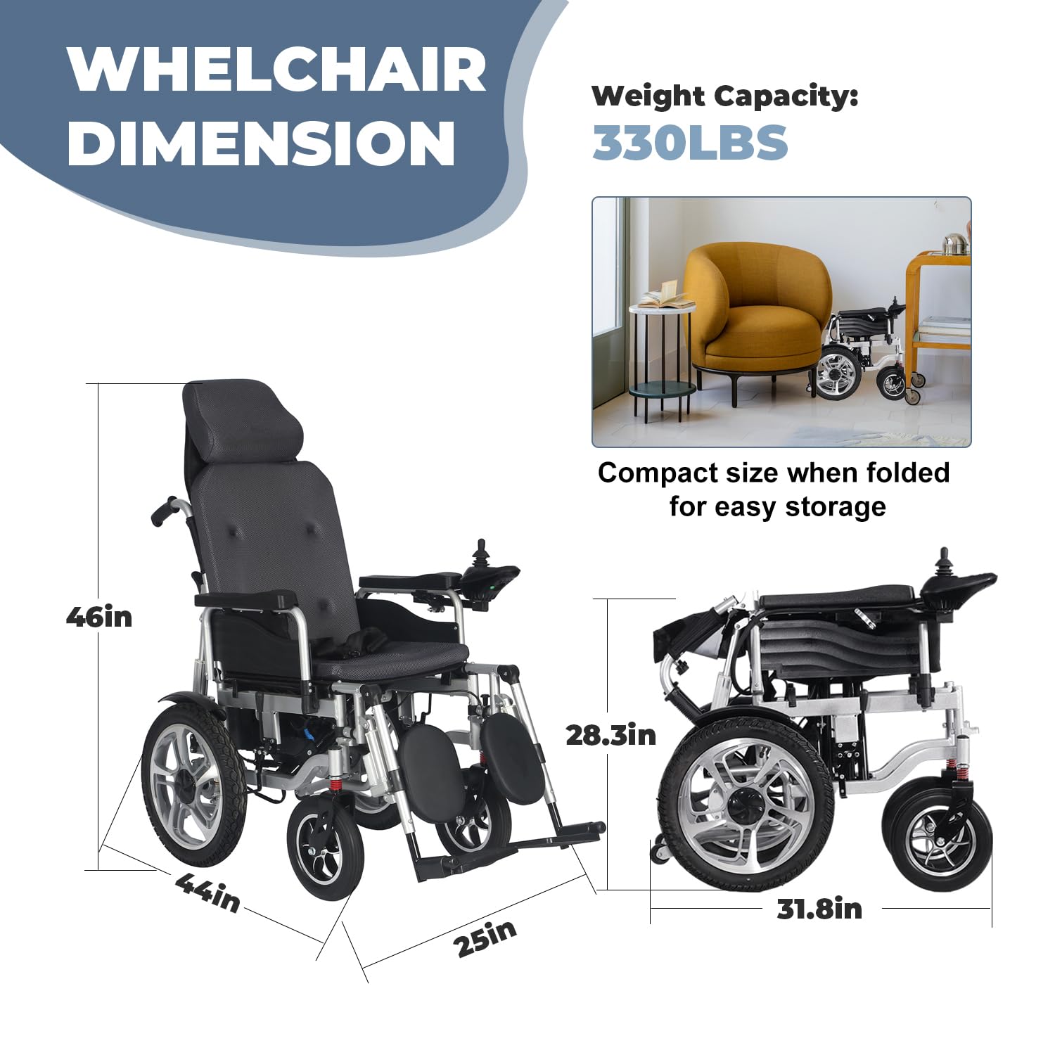 Reclining Electric Wheelchair for Adults,Intelligent Folding 500W Motor Power Wheelchair Foldable All Terrain Motorized Wheelchair for Seniors-20 Miles Long Range,Airline Approved