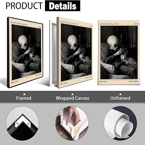 Miniatura 2 de Pósteres de lienzo retro de gato extraterrestre de los años 70, arte de pared psicodélico ovni vintage, extravagantes criaturas alienígenas y gatos