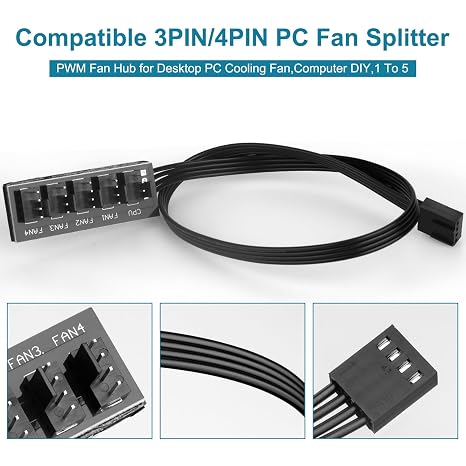 VWEICYY Fan Hub,Compatible 3PIN/4PIN PC Fan Splitter.PWM Fans Hub for Desktop PC Cooling Fans,Computer DIY,1 to 5
