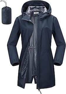 Damen Wasserdicht Regenjacke Lang Windbreaker Übergangsjacke Leichte Atmungsaktiv Outdoorjacke Raincoat Regenparka mit Kapuze