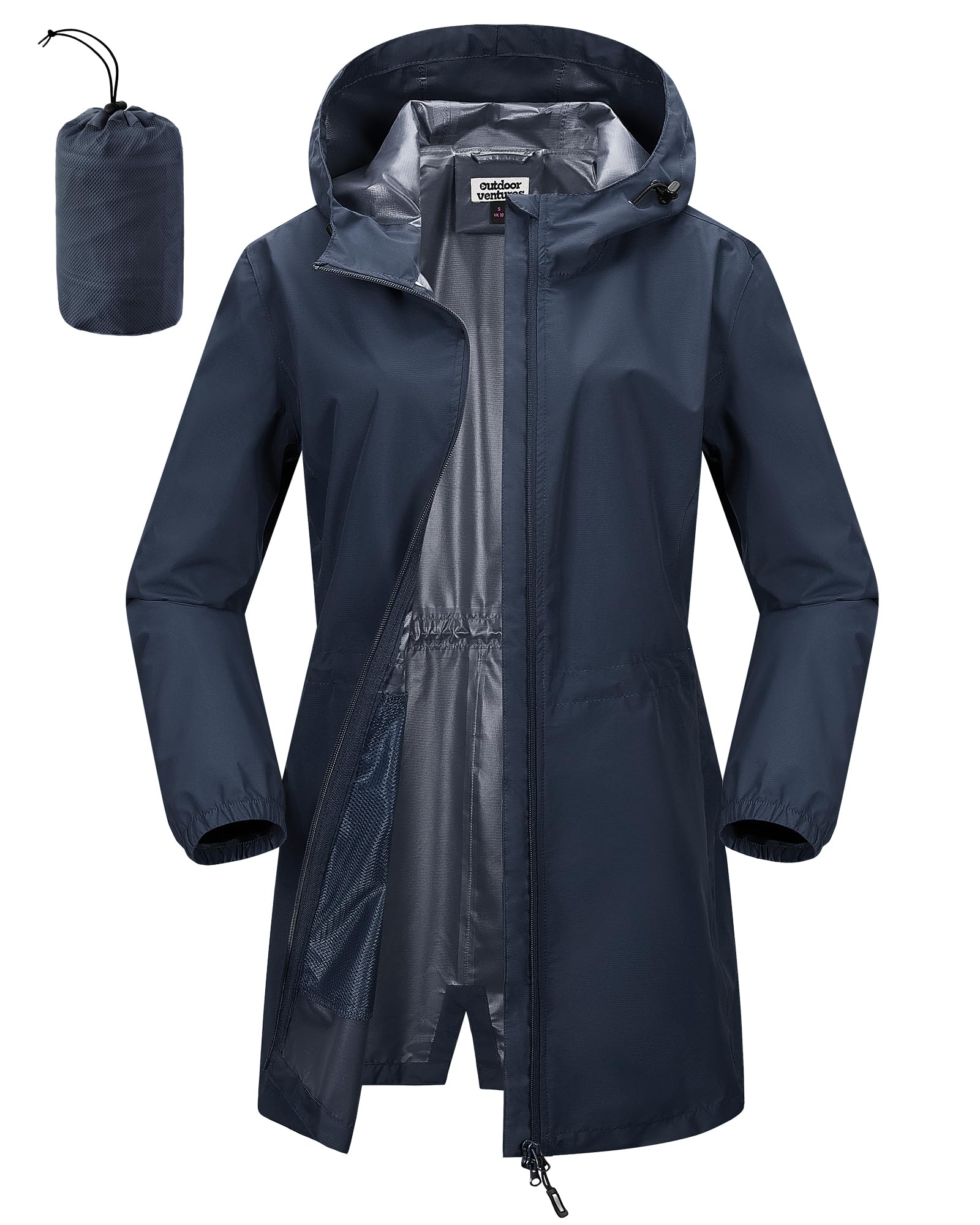 Outdoor Ventures Damen Wasserdicht Regenjacke Lang Windbreaker mit Kapuze | 10000mm, Packbar Übergangsjacke, Atmungsaktiv Outdoorjacke, Leichte Raincoat, Regenparka mit 2-Wege Reißverschluss