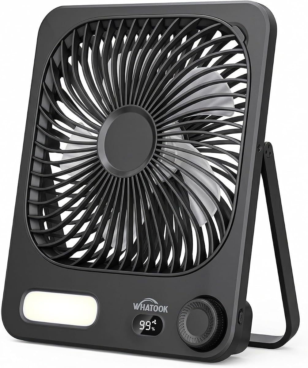 WHATOOK 10000mAh Battery Powered Fan Up to 40H Runtime, Ultra-Slim 8-Inch Portable Travel Fan with LED Lantern, Ultra Quiet Rechargeable Desk Fan for Bedroom, Office, Outdoor, Camping, Cruise (Black)
