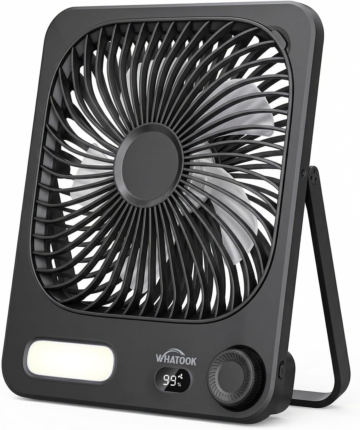 WHATOOK Large Travel Desk Fan with Night Light: 10000mAh Battery 40 Hours Runtime Rechargeable Fans, Quite Personal Portable Fan for Camping Bedroom Office Small Desktop fan (8.3 * 7.1inch Black)