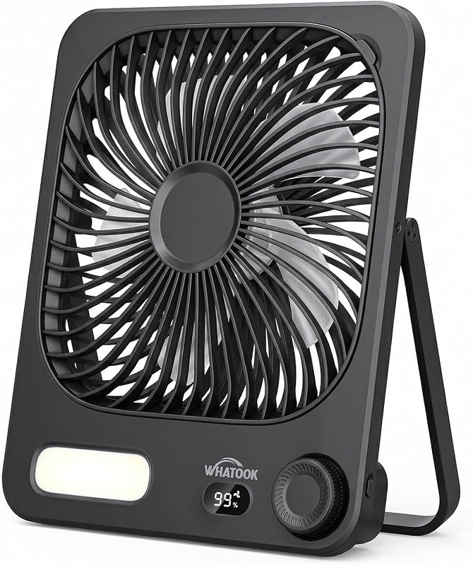 WHATOOK 10000mAh Battery Powered Fan Up to 40H Runtime, Ultra-Slim 8-Inch Portable Travel Fan with LED Lantern, Ultra Quiet Rechargeable Desk Fan for Bedroom, Office, Outdoor, Camping, Cruise (Black)