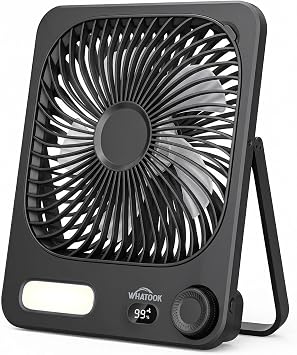 WHATOOK 10000mAh Battery Powered Fan Up to 40H Runtime, Ultra-Slim 8-Inch Portable Travel Fan with LED Lantern, Ultra Quiet Rechargeable Desk Fan for Bedroom, Office, Outdoor, Camping, Cruise Black