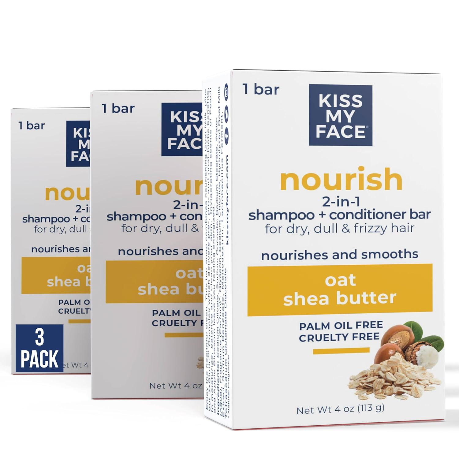 Kiss My Face Nourish 2-in-1 Shampoo & Conditioner Bar with Oat & Shea Butter - Smooths Dry Frizzy Hair, Cruelty-Free Pack of 3