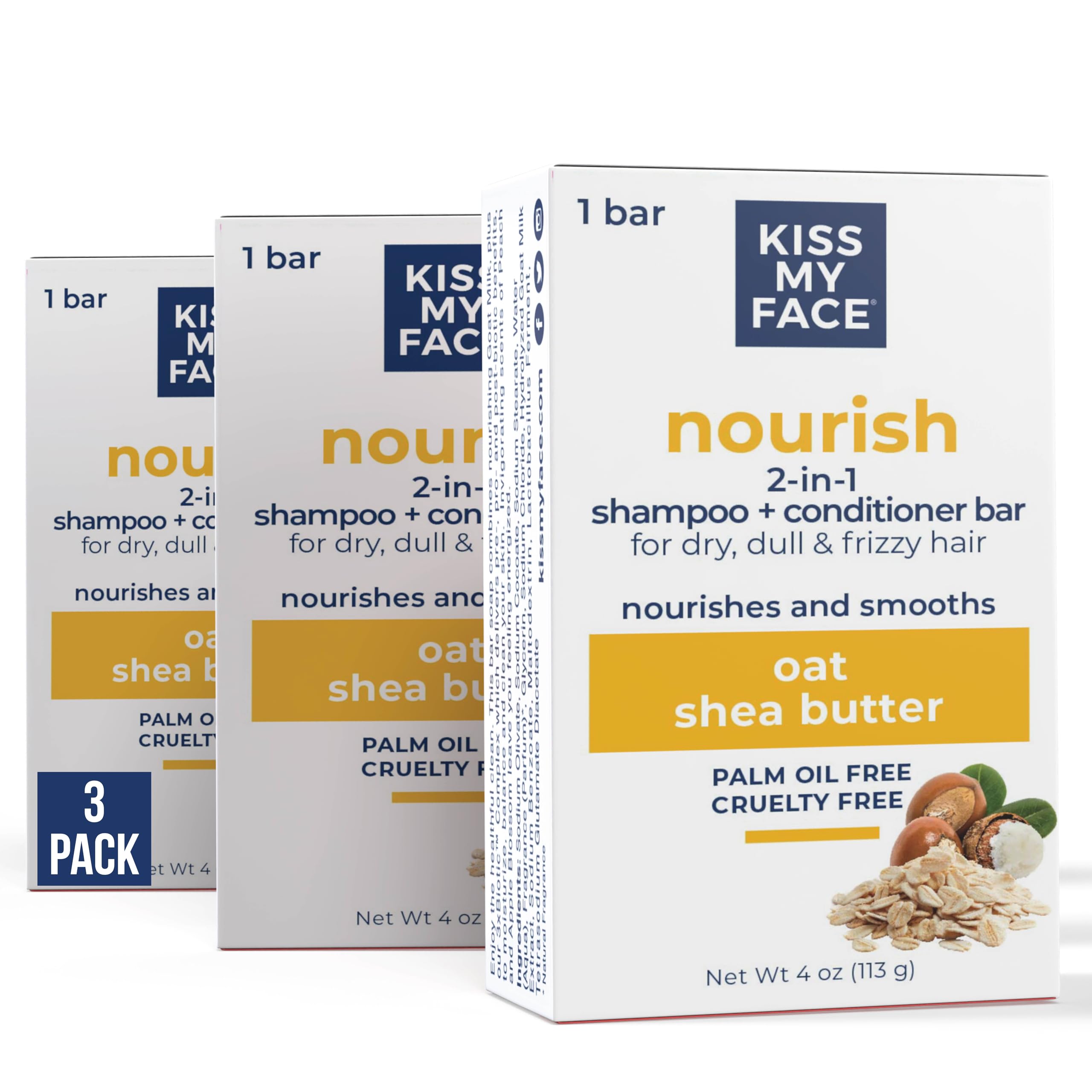 Kiss My Face Nourish 2-in-1 Shampoo and Conditioner Bar, With Oat and Shea Butter, Nourishes and Smooths, For Dry, Dull and Frizzy Hair, Cruelty Free
