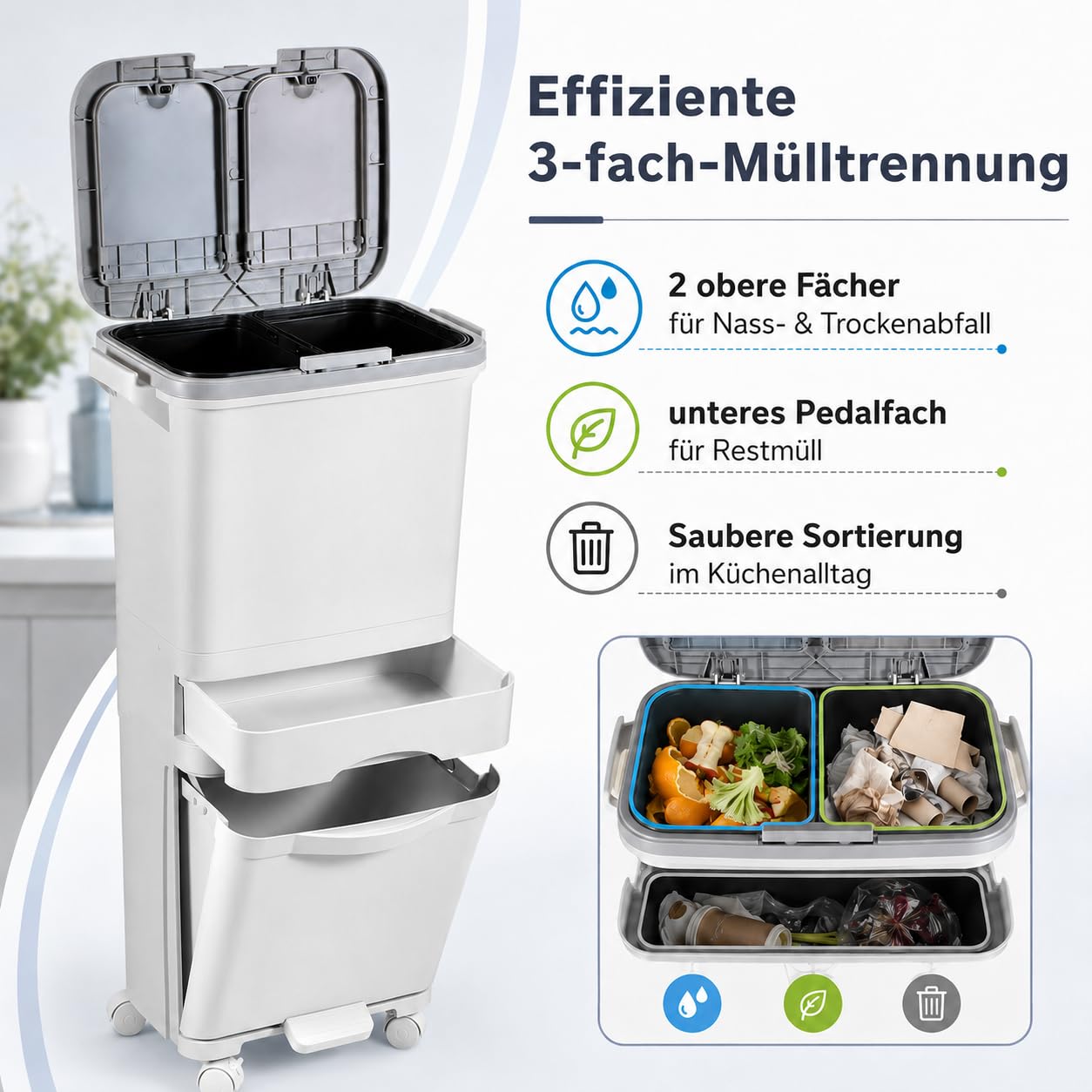 Küchenabfalleimer 3 Fächer, Großvolumiger 42L Mülltrennsystem mit Druckdeckel, Fußpedal, Lenkrollen und Mittelschublade, Treteimer für Abfalltrennung in Küche, Büro, Wohnung
