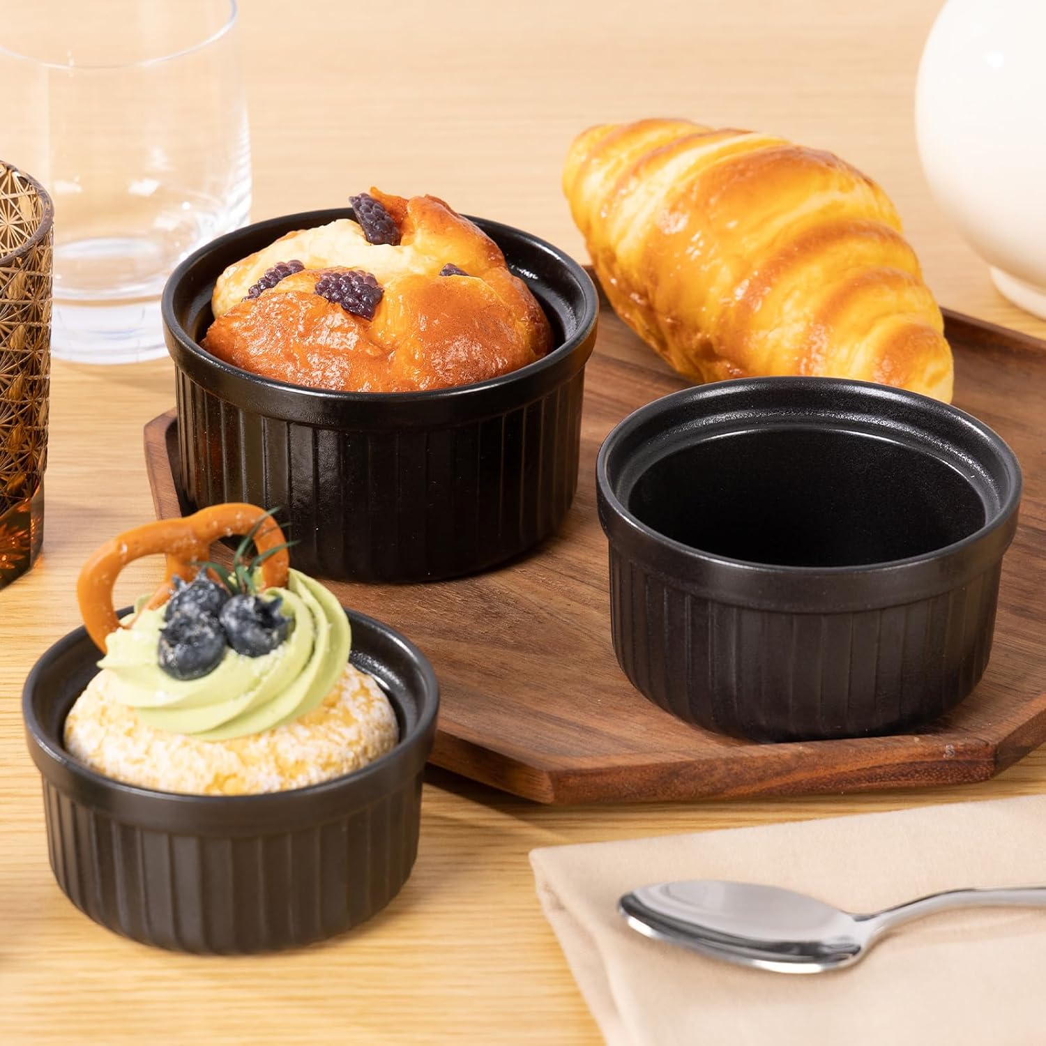 Yachi Ramekins Black, 4 oz 6 Pieces Ceramic Baking Ramekin Set of 6 Stoneware Bakeware Serving for Sauces Dipping Onion Soup Lava Cake Flan Creme Brulee Kit Pudding Mini Custard Ramekins Oven Safe Mini Custard Cups small Bowls for Souffle Merry Christmas