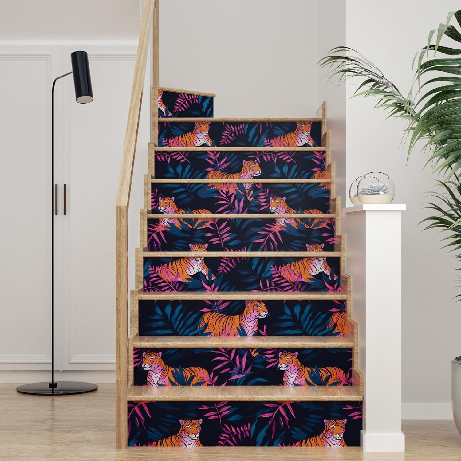 ILHIIOR Tiger Wallpaper Boho Peel and Stick Wallpaper Leaf Vintage Contact Paper Boho Blue Floral Wall Paper Removable Wallcovering Self Adhesive for Cabinet Drawers Wall Decor 17.5''x393''