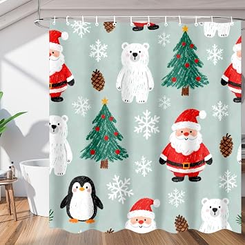 Hand Draw Cute Christmas Pattern Waterproof Fabric Shower Curtain with Grommets and Hooks, Fast-Drying Privacy-Protecting Decorative Bathroom Curtain 72 x 72 in