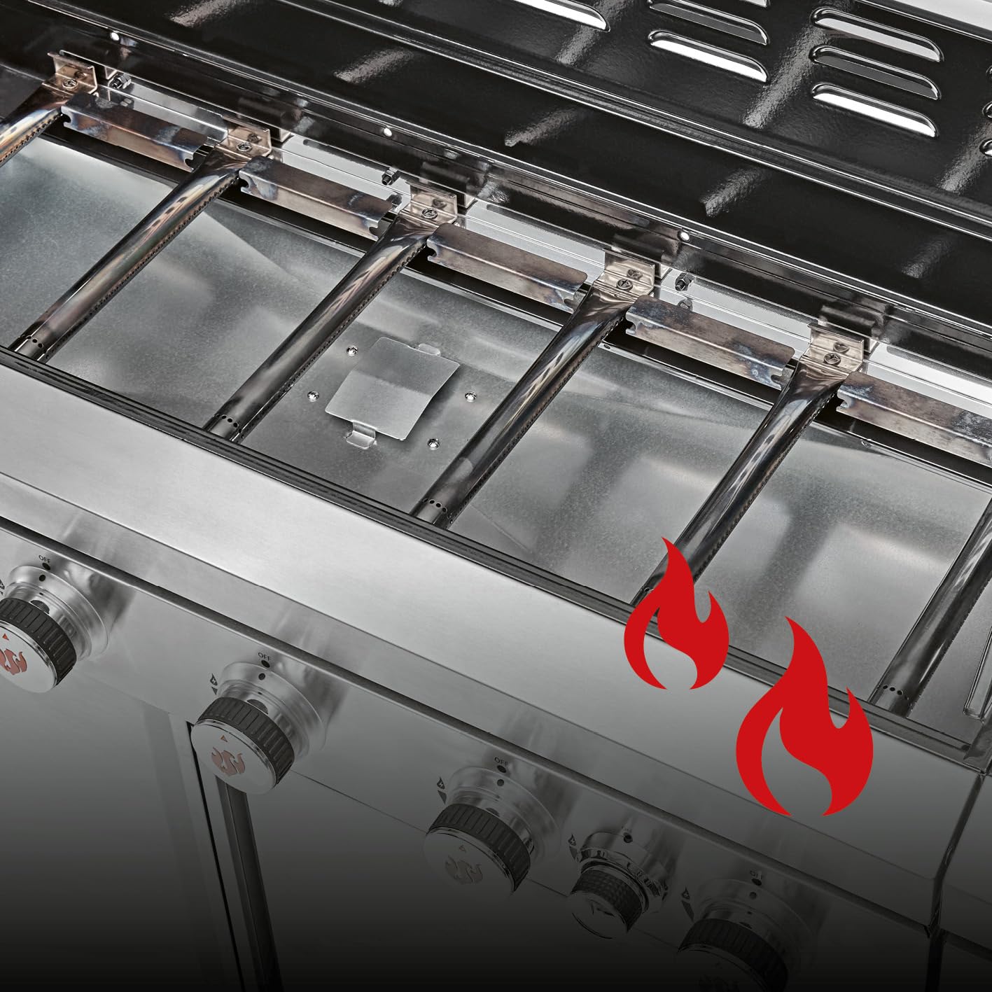 LANDMANN Barbacoa de gas 6.1 con 6 quemadores, zona MaxX, gran superficie de parrilla y rejillas de hierro fundido, potente parrilla para jardín y exterior, con reguladores LED y mesa lateral para una