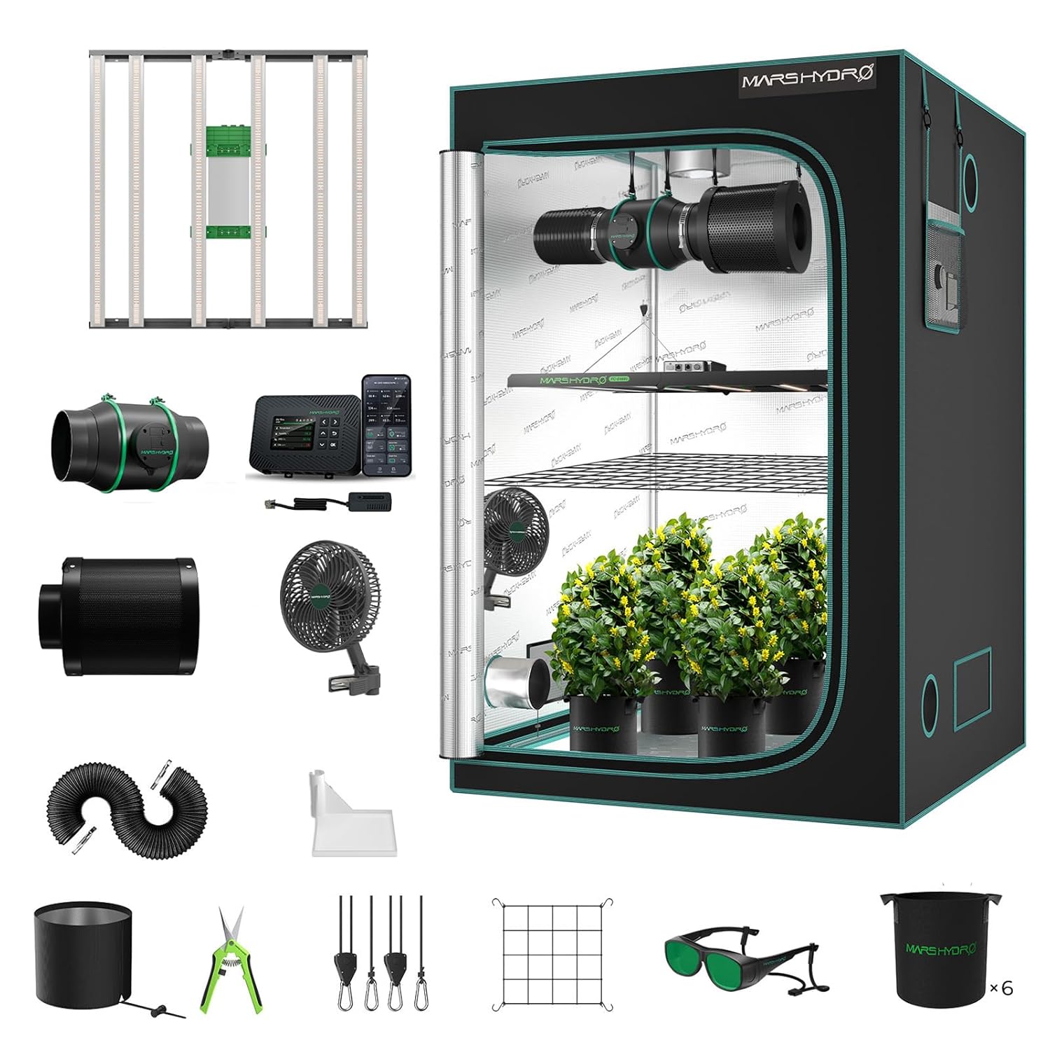 Mars Hydro 4x4 Smart Grow Tent Kit Complete System with WiFi-Integrated Controller 43 480W FC-E4800 Dimmable Light 2646Pcs