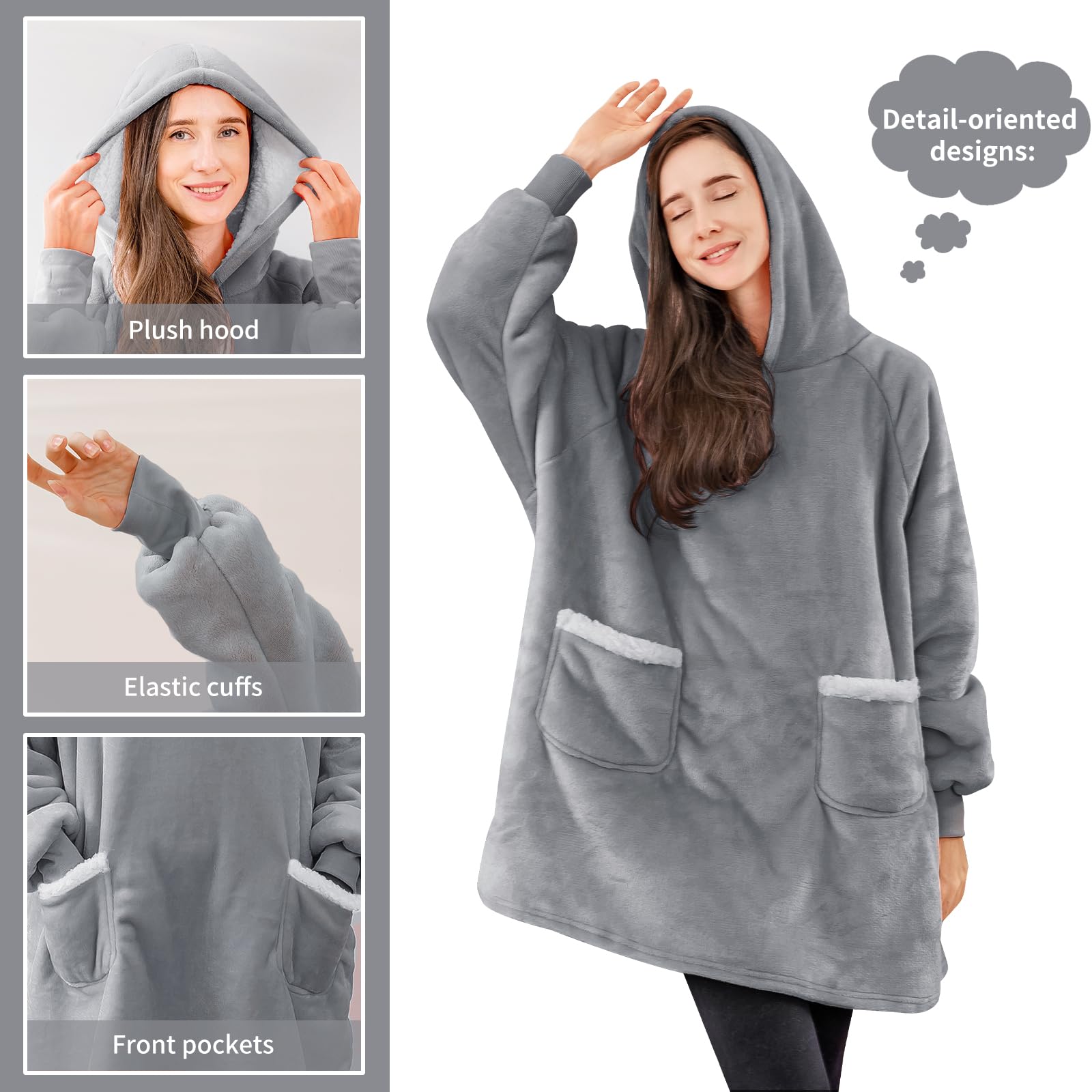 Aisbo Plaid Felpa Coperta con Maniche - Pigiama Coperta Indossabile Donna e Uomo Oversize con Manica e Cappuccio Plaid da Divano con Braccia Pile di Sherpa, Hoodie Blanket (Grigio,90x76cm)