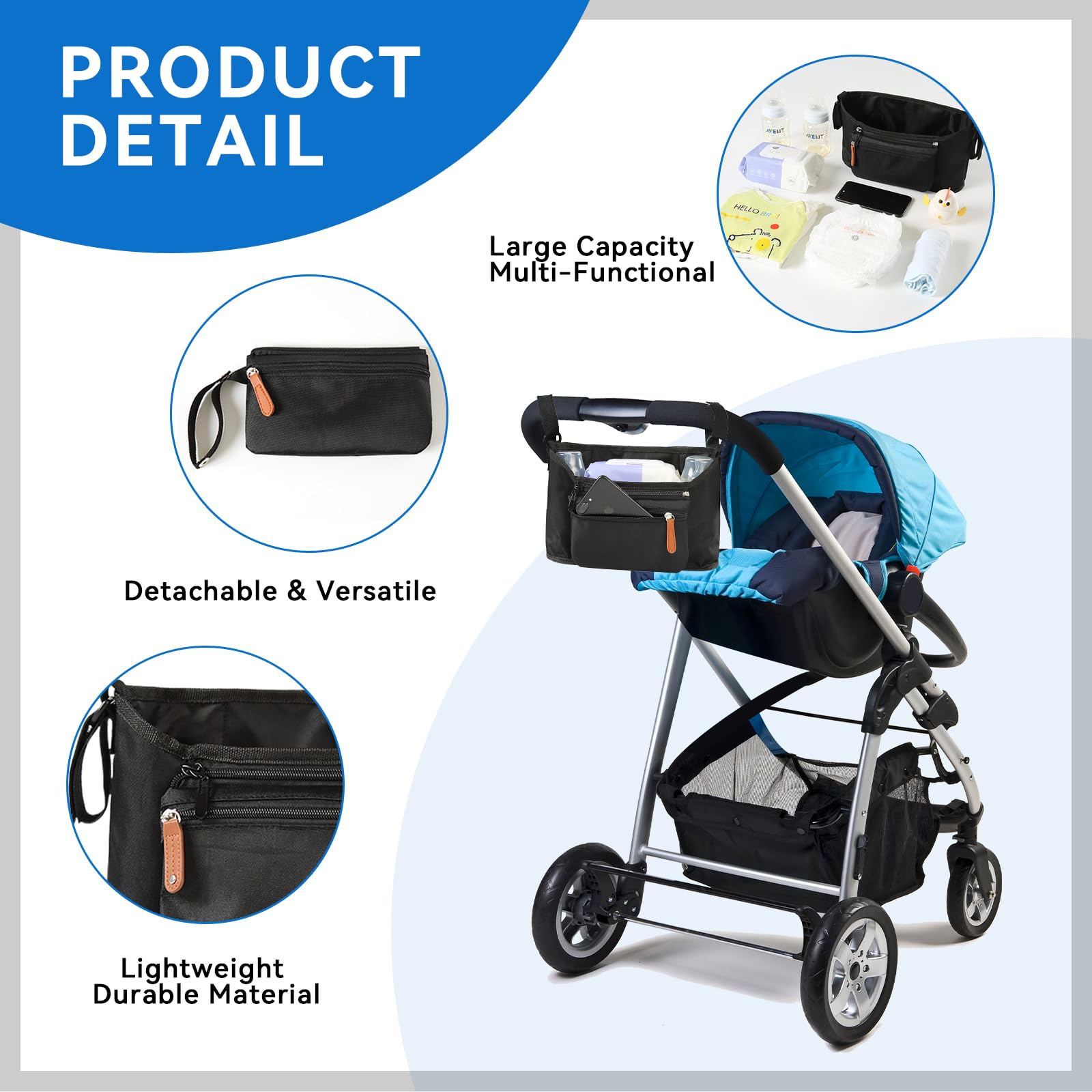 Momcozy Organiseur universel pour poussette - Sac suspendu en forme de U avec porte-gobelet pour poussette - Accessoires de poussette - Grande capacité - Sac de poussette Momcozy - Noir
