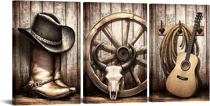 Biuteawal 3 Pieces Cowboy Wall Art American West Rodeo Cowboy Hat Boots Pictures Poster Guitar Painting on Canvas Beige Vintage Artwork Stretched for Home Office Bedroom Decoration