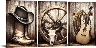 Biuteawal 3 Pieces Cowboy Wall Art American West Rodeo Cowboy Hat Boots Pictures Poster Guitar Painting on Canvas Beige Vintage Artwork Stretched for Home Office Bedroom Decoration