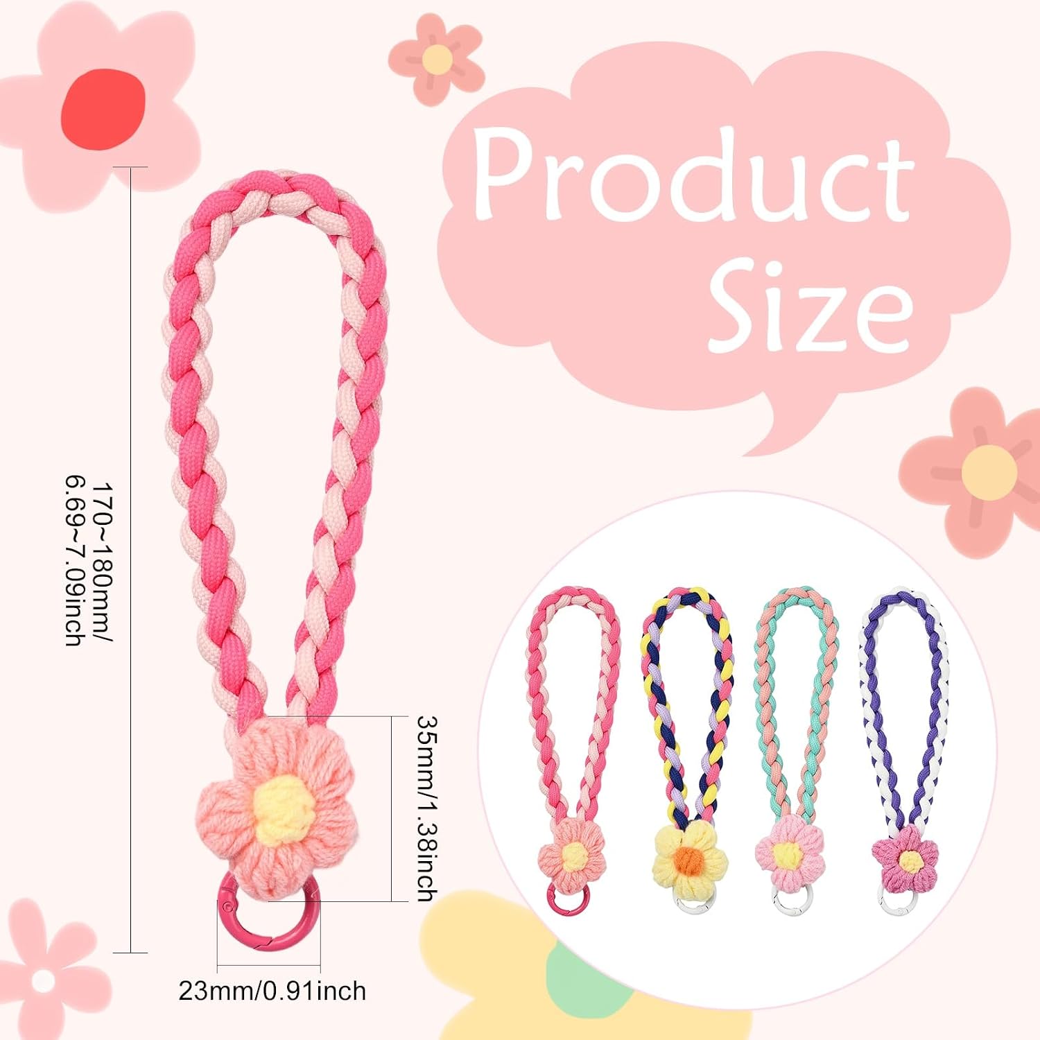 LiQunSweet 4 Pcs Wrist Lanyard Knitting Polyester Flower Hand Strap, Alloy Spring Gate Ring, 170-180mm, for Mobile Phone, Keys, ID Badge, Adults & Teens