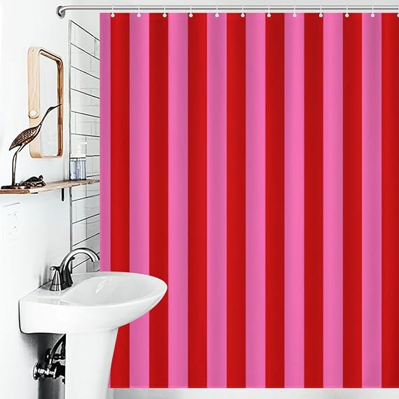 Luxury Shower Curtain Liner Set, Stripe Red Hot Pink Black Bathroom Curtains Waterproof & Washable Curtains for Bathtub, 60 X 72inch