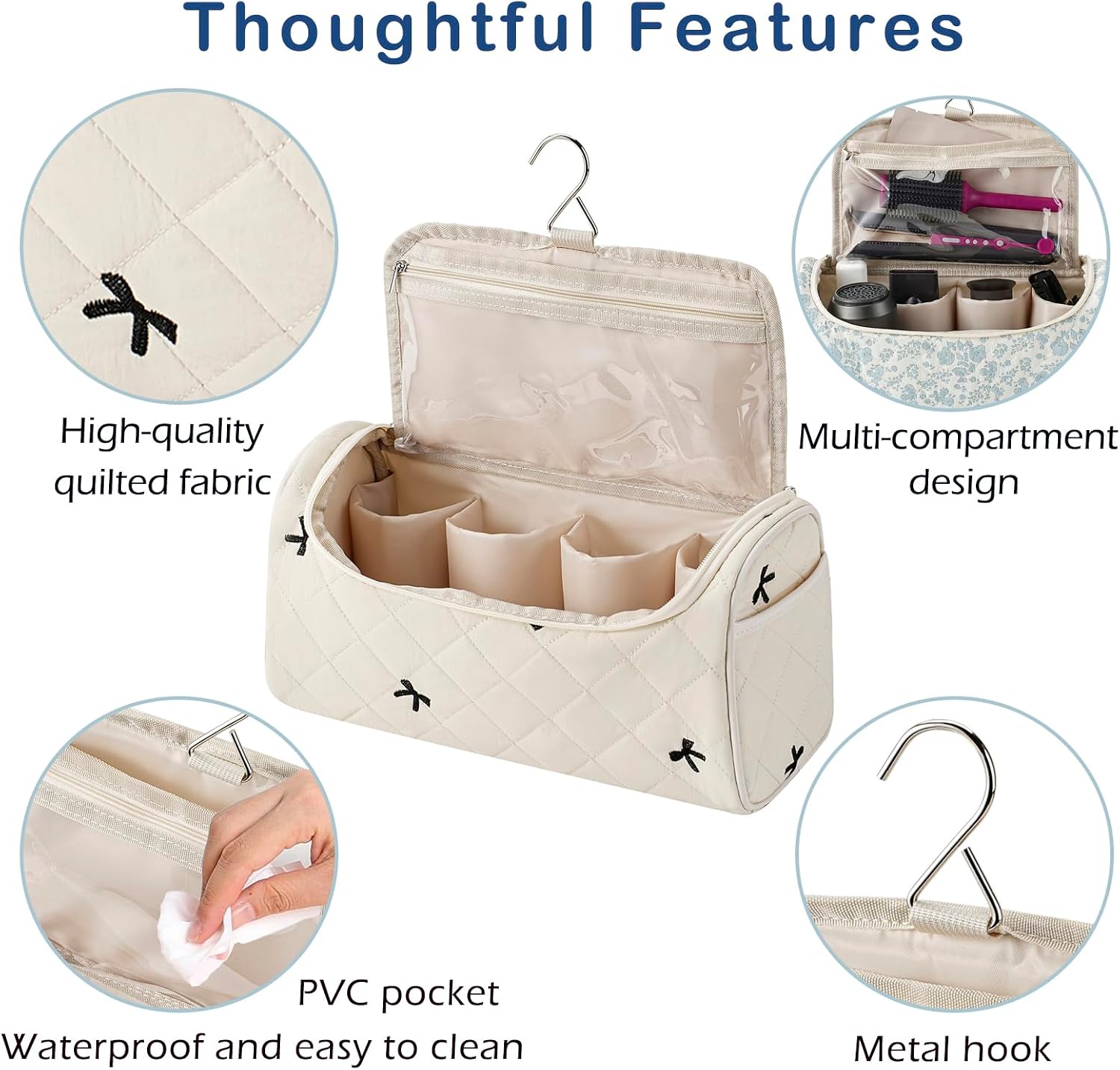 RSRSLEII Quilted Hair Tools Travel Bag Compatible with Dyson Airwrap & Shark Flexstyle,Portable Storage Case for shark hair dryer, Curling iron travel bag with Hanging Hook(03Beige Black Bow)