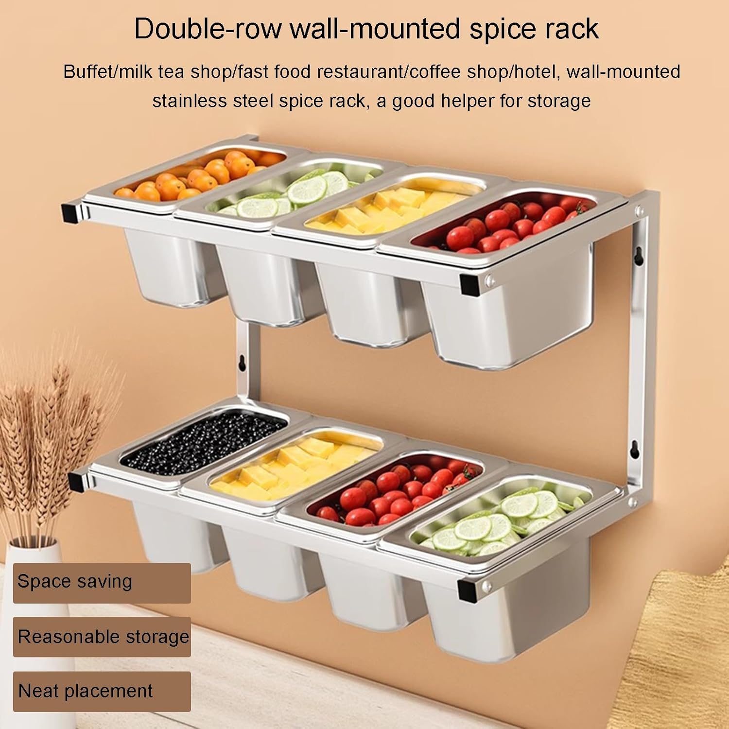 Stainless Steel Spice Rack Set, Wall-Mounted Commercial Condiment Racks, Topping Station Kitchen Buffet Dispenser Food Container For Seasoning Ingredient,Silver-B-45.5x21x24cm