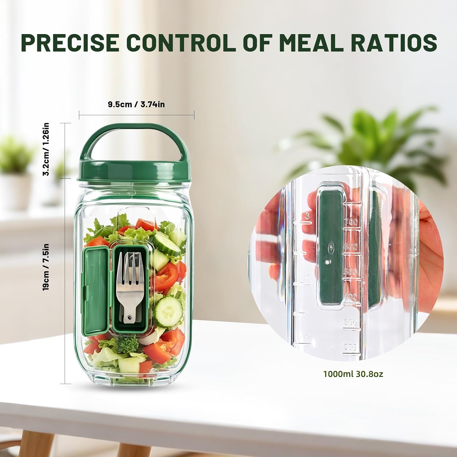 Salad Container for Lunch | Leak-Proof Salad Jar with Side-Opening & Built-in Fork | Portable Handle for Easy Carrying | 4-Compartment Topping Tray | Aesthetic Meal Prep Jar for Office, Gym, Travel image 3