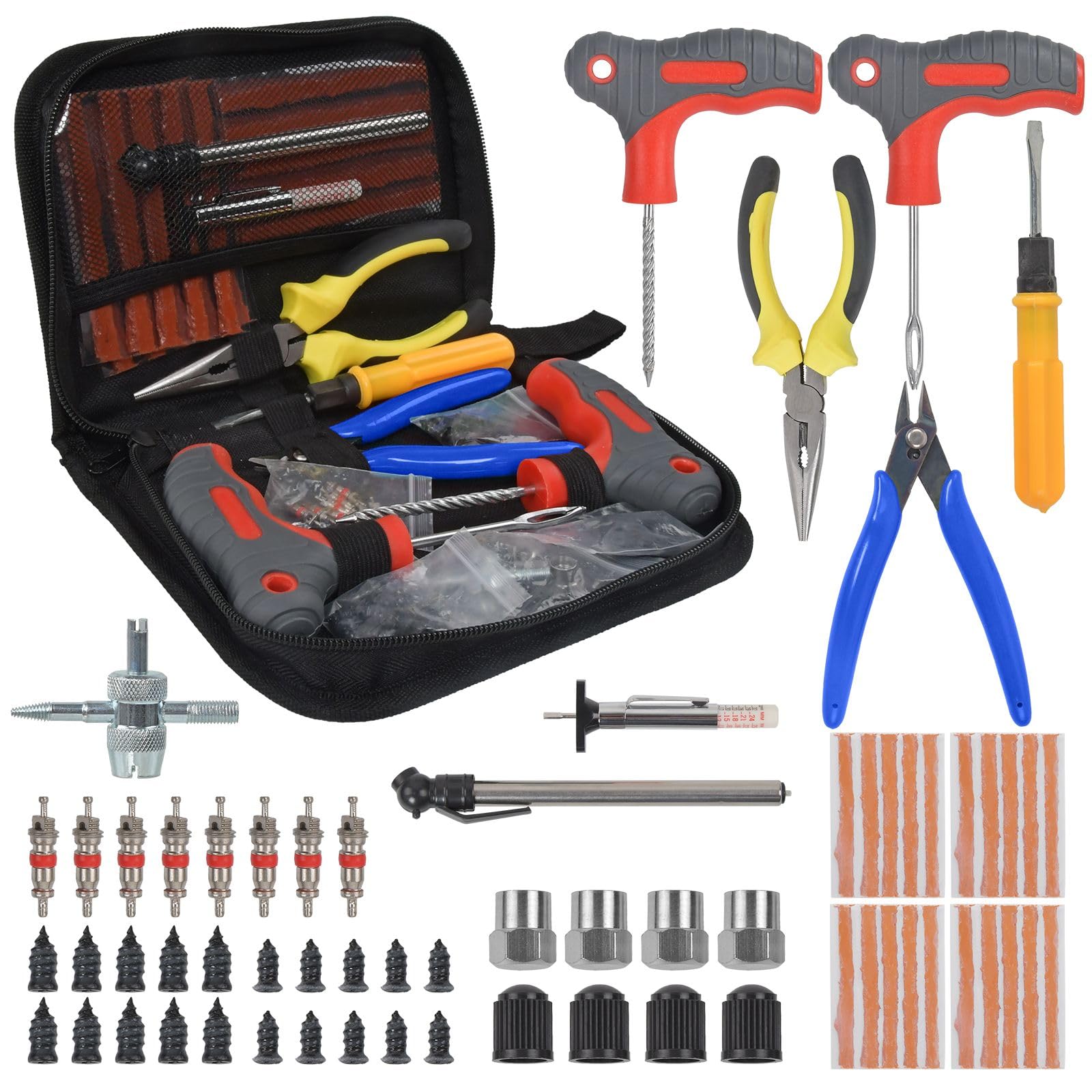 65pcs Tyre Repair kit, Car Tyre Puncture Repair Kit, Tubeless Tire Repair kit with Pressure Gauge, Tread Depth Gauge, T-Handle Tool, Strips & Tire Plugs for Cars, Motorcycle, Truck, Van, ATV, Tractor โ image 1