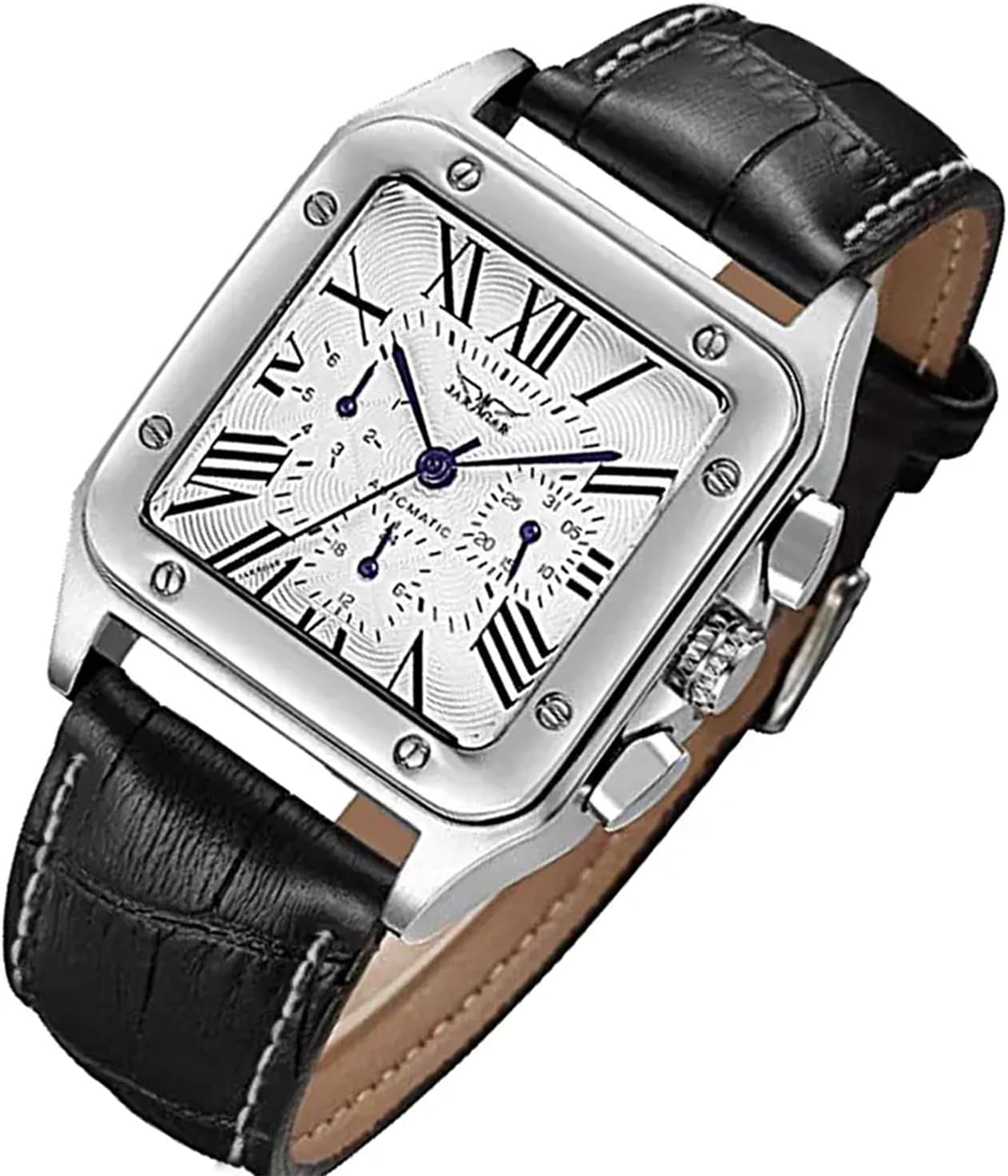 Mens Watches, Mechanical Calendar Automatic Self-Winding Roman Numeral PU Leather Wrist Watch with Blue Hands