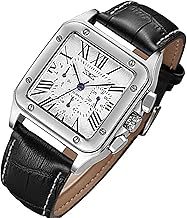 Gute Mens Chronograph Mechanical Watches, Automatic Classic Roman Business Calendar Wristwatch with Black Leather Strap Blue 6 Hands