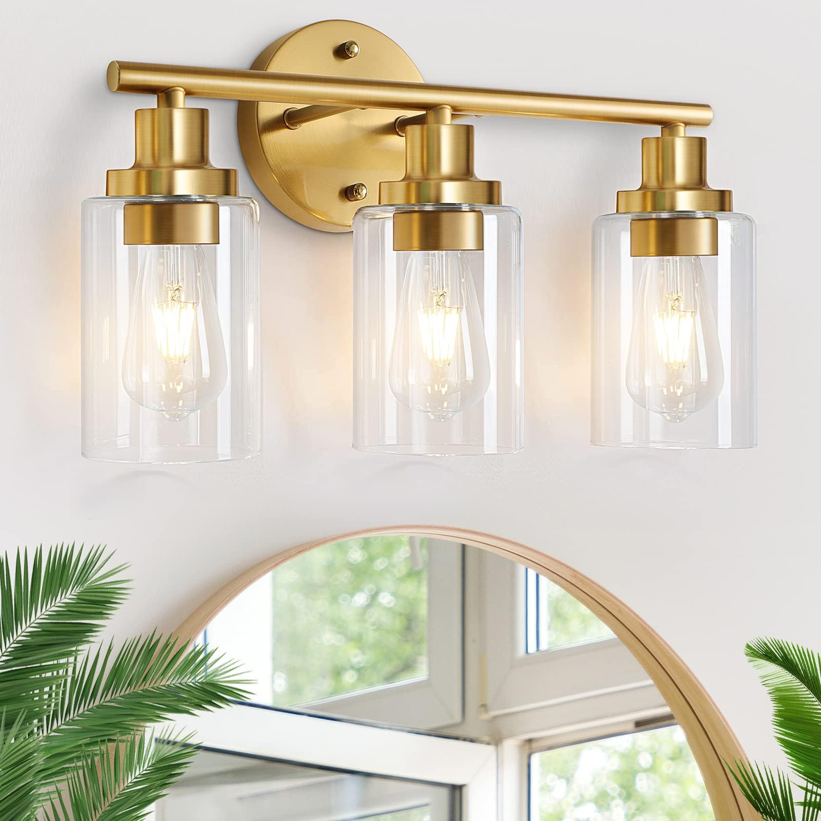 Bathroom Light Fixtures Gold Vanity Light 3 Light Wall Sconces Lighting Brushed Brass Lights with Clear Glass Shades Bath Wall Lamp for Mirror Kitchen