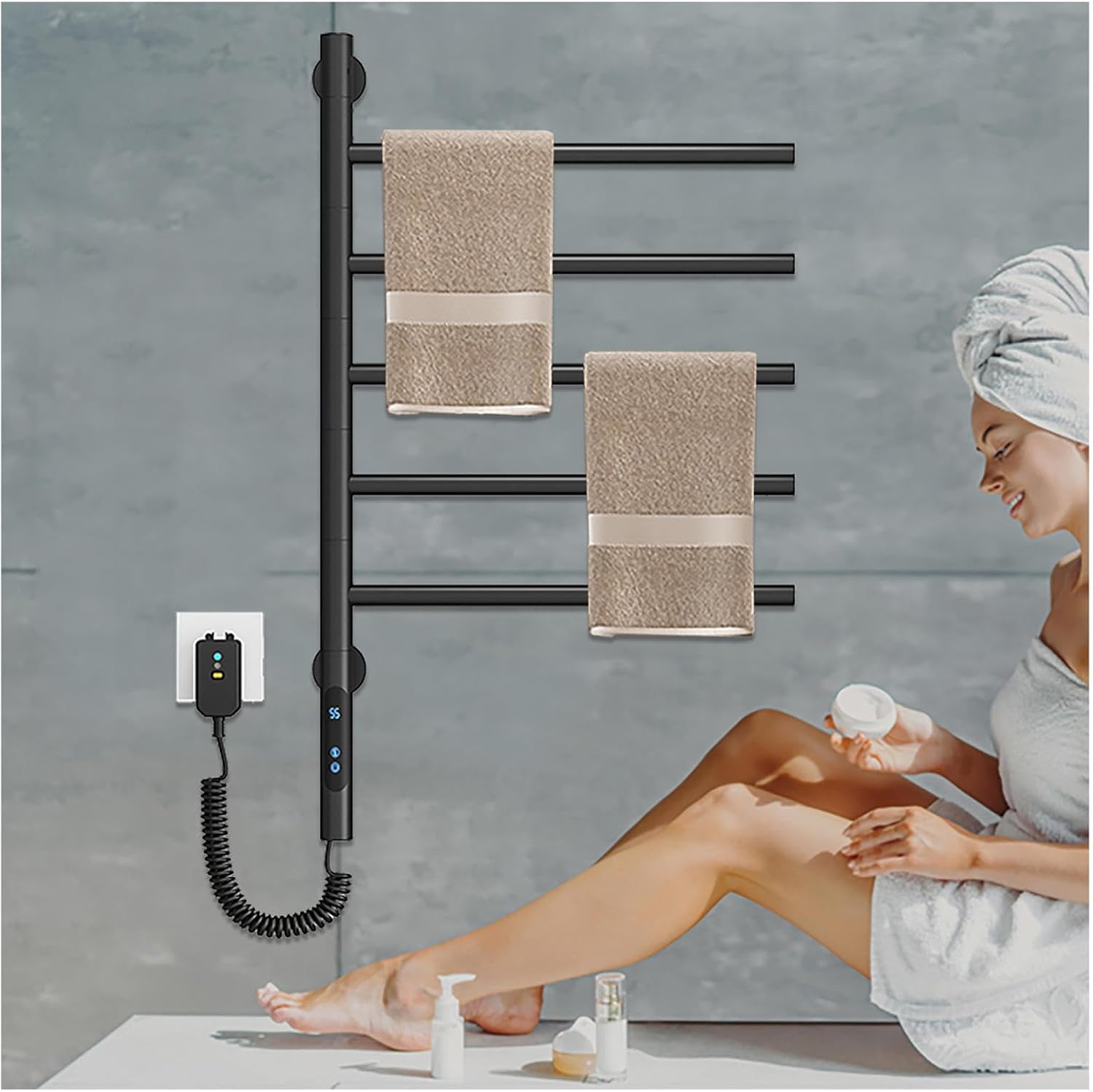 Heated Towel Racks for Bathroom Rotatable 180°,Towel Warmer with Timer,LED Display,Constant Temperature Control,Hot Towel Warmer Hardwired,Black
