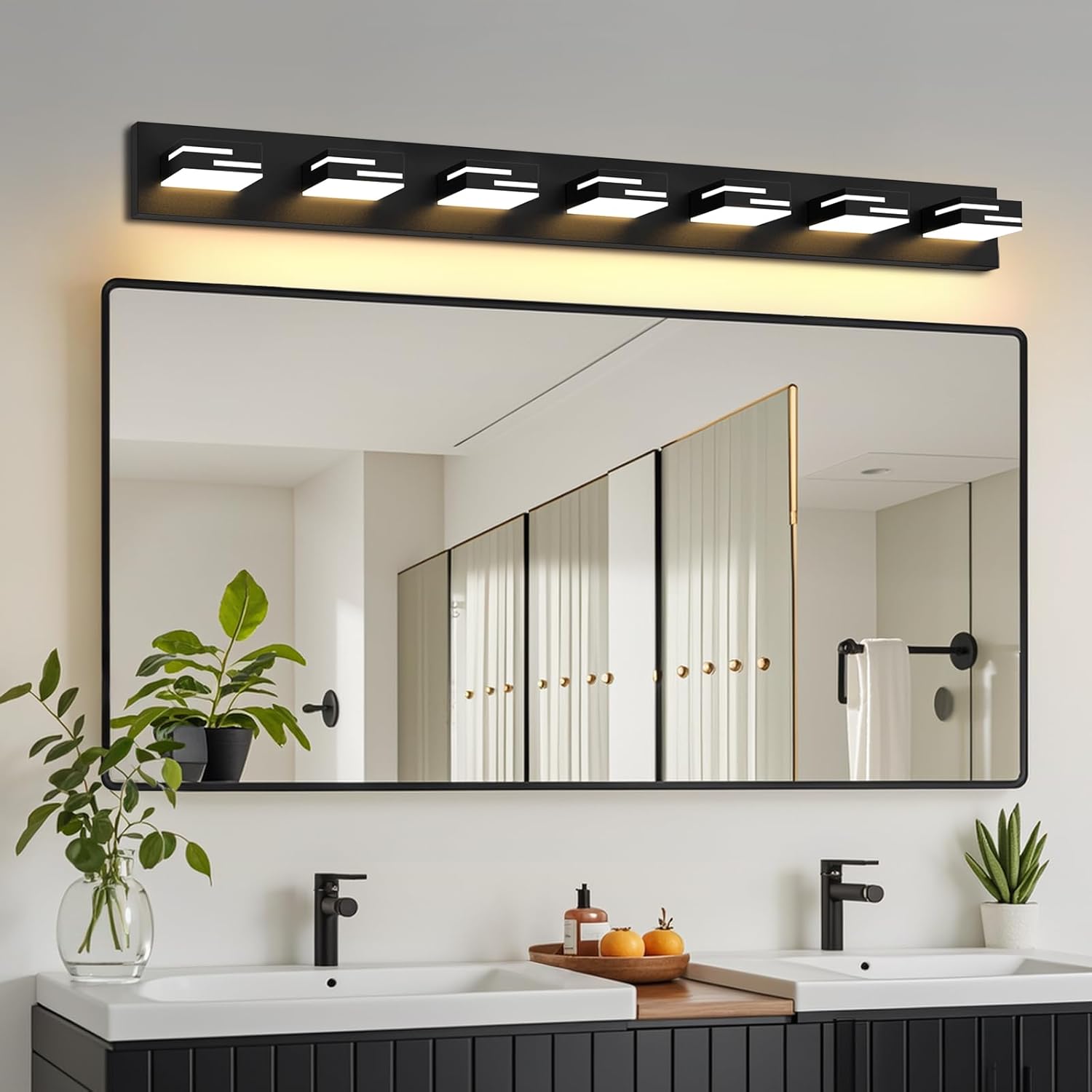 LED Modern Bathroom Vanity Light Fixtures 7-Light 48-inch 5CCT Dimmable Matte Black Vanity Lights for Bathroom Lighting Fixtures Over Mirror, with 360° Rotatable Acrylic Heads