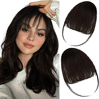 HMD Clip in Bangs 100% Human Hair Bangs Clip on Air Bangs for Women Fringe with Temples hair bangs Flat Neat Thin Curved Bangs for Daily Wear (Wispy Bangs, Dark Brown)
