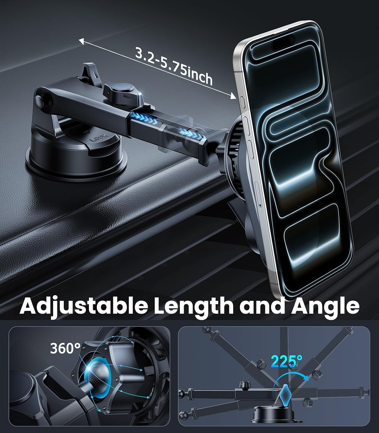 Wireless Magnetic Car Phone Holder Mount with Cooling Fan & RGB Lights, 15W Fast Charging Auto-Rotate Suction Cup Charger for iPhone 17/16/15/14/13 S25 Samsung, Car Dashboard/Windshield Mount