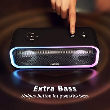 DOSS SoundBox Pro+ Bluetooth Speaker, Immersive 24W Stereo Sound with Booming Bass, IPX6 Waterproof, 15H Playtime, Mixed Colors Lights, Wireless for Backyard, Hiking, Garage, Party-Black